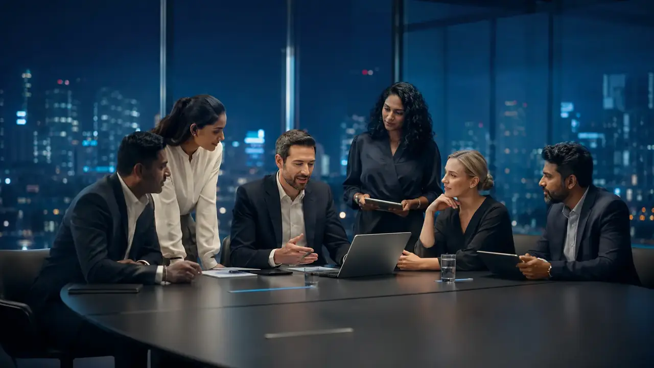 An illustrative cross-functional team collaborating in a modern boardroom