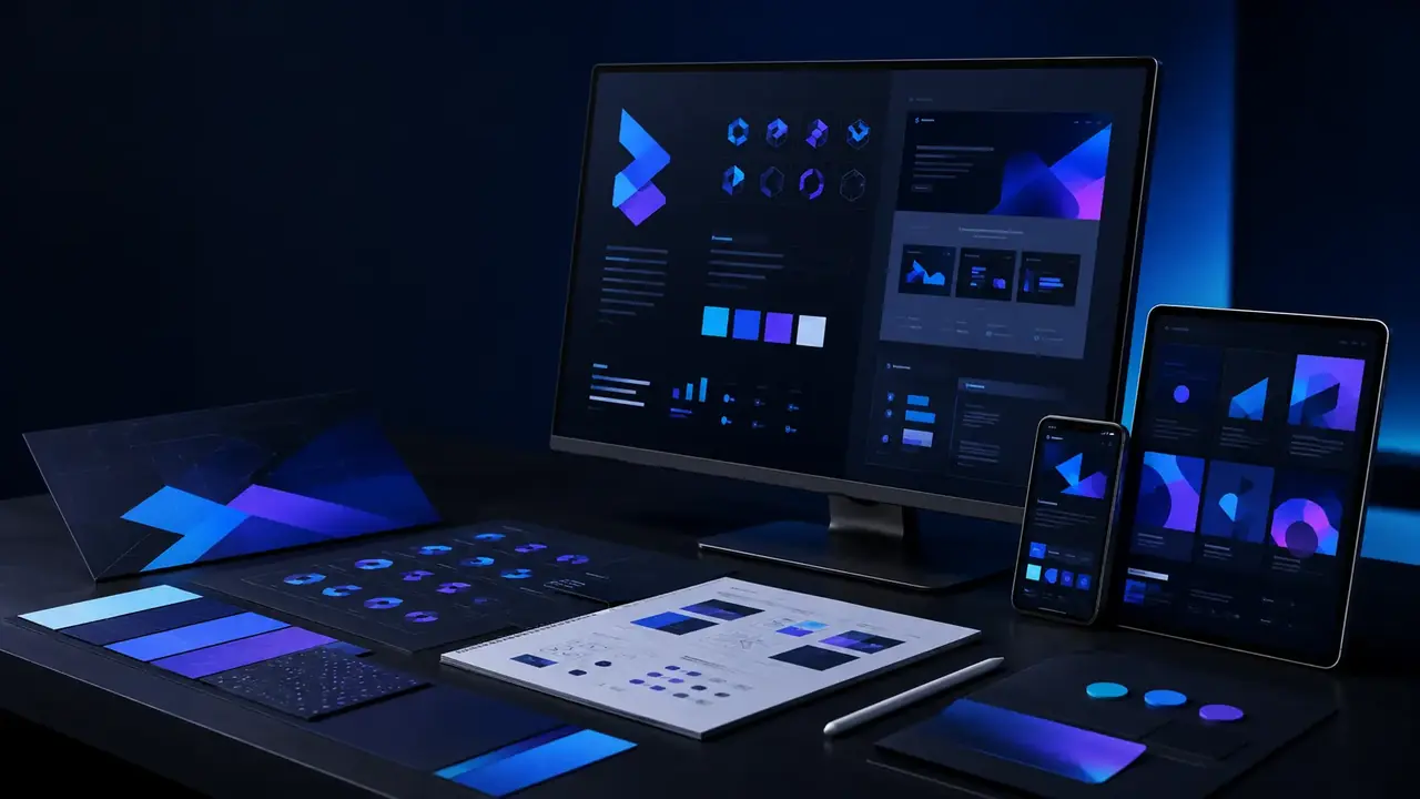 A coordinated brand identity displayed across a website, tablet, mobile phone, and design workspace