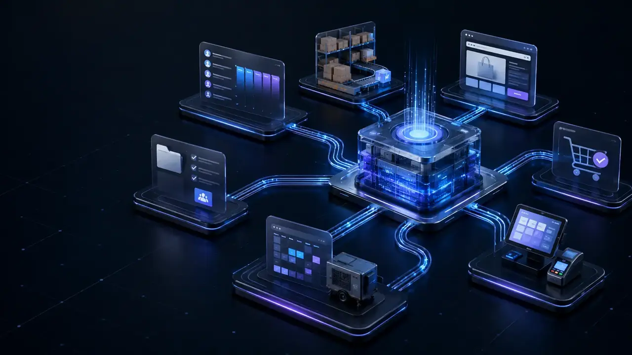 A central ERP platform connected to CRM, inventory, ecommerce, point of sale, rental, and productivity modules