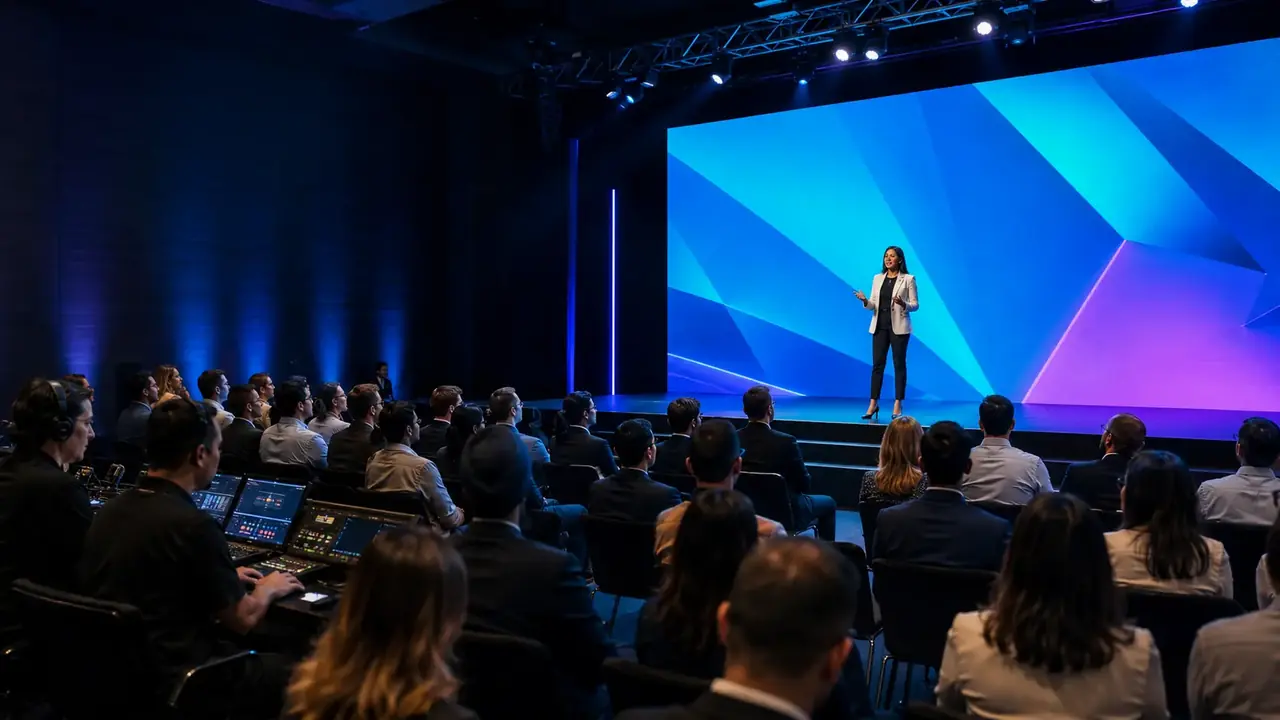 A premium corporate conference with a keynote speaker, LED stage, audience, and production control team
